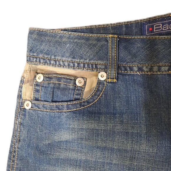 Y2K Mid Rise Denim Shorts M Blue Green Camouflage Flap Pockets Jean Shorts 2000s - Picture 6 of 8